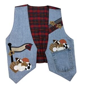 Handmade Denim Patchwork Vest Sports Mom Appliqué Plaid Lined One Size